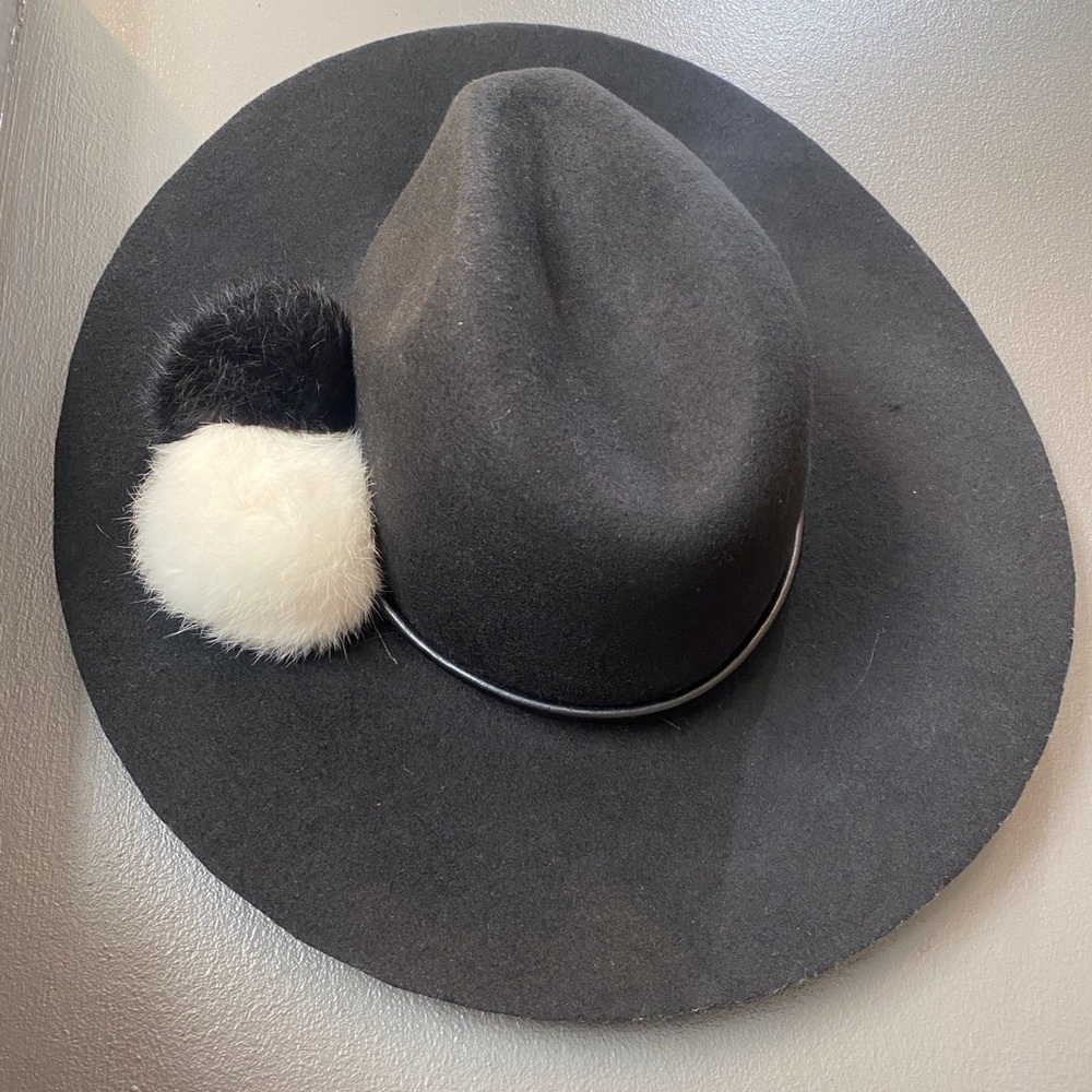 Echo wool floppy wide brim hat with black and white puff balls